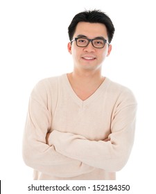 Front view headshot Asian man in casual wear standing isolated on white background. Asian male model.