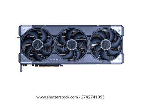 Front view of high performance triple fan graphics card isolated on white background, advanced gpu for gaming and computing workloads