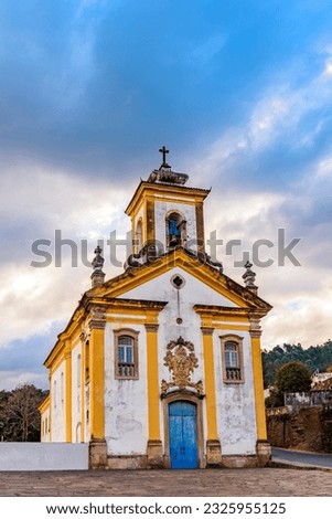 Front view of a historic baroque church in the old town of Ouro Preto in Minas Gerais