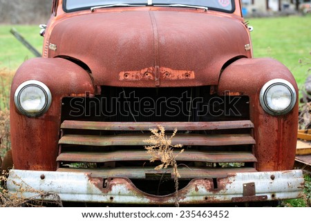 Front view of hood grill and bumper of rusted red truck in field with dead flower