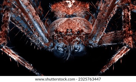 Front view of huge spider. Red spider with large jaws and menacing look. Macro photography, close-up portrait of predatory arachnid. Florentine Segestria. Fear and arachnophobia.