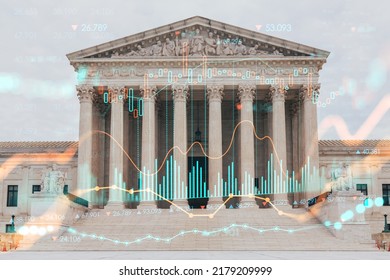 Front view of the iconic building of United States Supreme Court at day time, Washington DC, USA. Judicial branch. Forex candlestick graph hologram. Concept of internet trading, brokerage, analysis - Shutterstock ID 2179209999