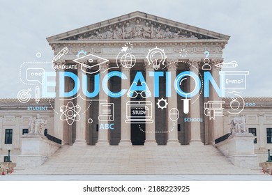 Front View Of The Iconic Building Of United States Supreme Court At Day Time, Washington DC, USA. Judicial Branch. Technologies, Education Concept. Academic Research, Top Ranking University, Hologram