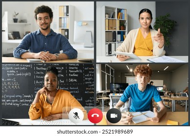 Front view image composition of video chat screen with four multicultural young students speaking, copy space - Powered by Shutterstock - Get 15% off with code: PIKWIZARD15