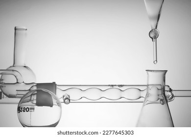 Front view of laboratory glassware on white background. Research and develop beauty skincare product concept by scientific method with concept laboratory tests