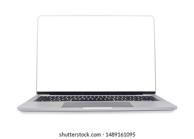 Front View, Laptop Computer Modern Thin Edge Slim Design, Blank Screen Isolated On White Background With Clipping Path.