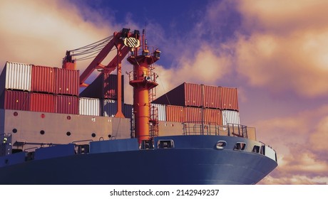 Front view of large blue container cargo ship vessel bow. Performing cargo export and import operations.