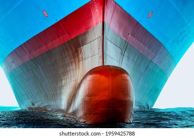 Front View Of The Large Cargo Ship Bulbous Bow, She Is Freshly Painted.  