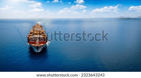 Front view of a large cargo ship carrying containers for import and export, business logistic and transportation in open sea with copy space 