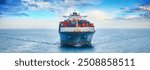 Front view of a large container cargo ship sailing over the ocean as a banner for shipping and industry