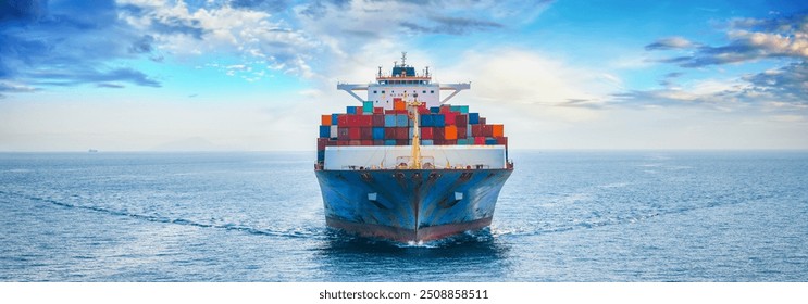 Front view of a large container cargo ship sailing over the ocean as a banner for shipping and industry - Powered by Shutterstock