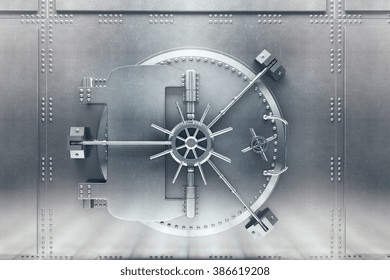 Front  view of light silver bank vault door, closed. 3D Render - Shutterstock ID 386619208