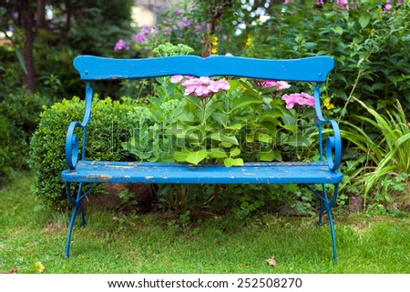 Front View of Lonely Old Blue Bench at the Garden with Beautiful Flowers at the Back.