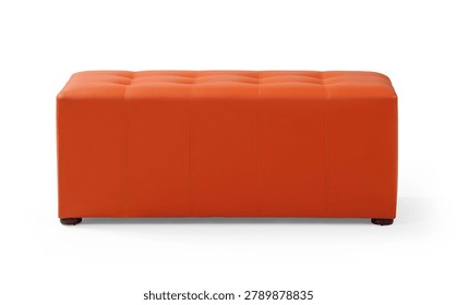 Front view of a long rectangular orange leather bench ottoman with a tufted button seat, isolated on a white background.