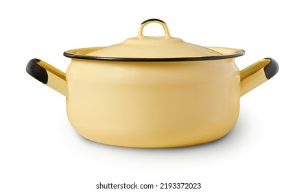 Front view of low yellow enamel cooking pot isolated on white