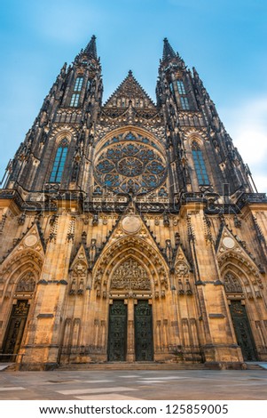 Front view of the main entrance to the St. Vitus cathedral in Prague Castle in Prague, Czech Republic