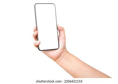 Front View Of Man Holding Smart Phone . Cell Phone In Man Hand On A White Background With White Display For COPY SPACE.