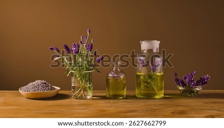 Front view of many lavender-based items, placed side by side and displayed on the table. Some lavender is in a glass vase, some is soaked in essential oil, and dried buds are placed on a plate.