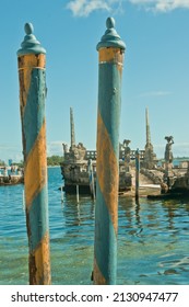 Front View, Medium Distance Of Tow Gilded Age, Painted Wood, Anchor Poles