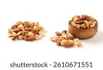 Front view. Mixed nuts in wooden bowl isolated on white background.