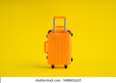 Front view of model mockup orange suitcase on pastel yellow background. travel concept. minimal style - Shutterstock ID 1488601652