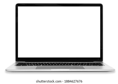 Vorderansicht eines modernen, generischen silbernen Laptops mit weißem Bildschirm und einzeln auf weißem Hintergrund mit Kopienraum (hohe Details)