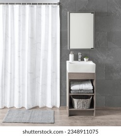 Front view of a modern bathroom interior with a mirror, towels, and a marble shower curtain. Minimal-style white bathroom vanity, with a grey color porcelain floor tiles background