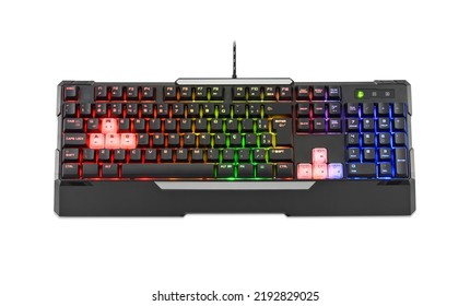 Front View Of Modern Black Computer Gamer Keyboard With Colorful Lights, Isolated On White