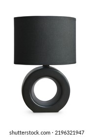 Front View Of Modern Black Table Lamp With Lampshade Isolated On White