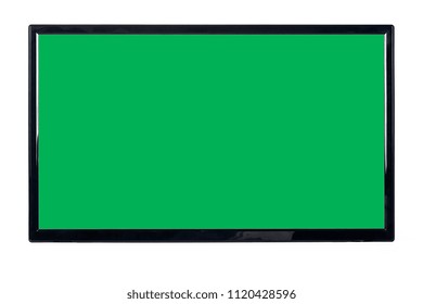 Front View Of Modern High Definition Flat TV LCD Monitor With Blank Green Chromakey Screen, Isolated On Abstract Blurred White Background. Detailed Closeup Studio Shot