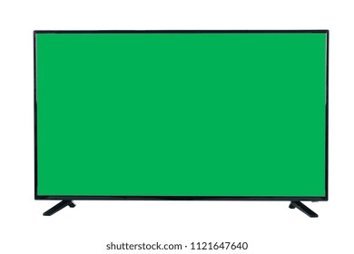 Front View Of Modern High Definition Flat TV LCD Monitor With Blank Green Chromakey Screen, Isolated On Abstract Blurred White Background. Detailed Closeup Studio Shot