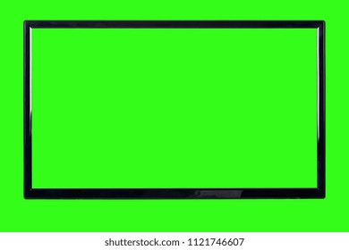 Front View Of Modern High Definition Flat TV LCD Monitor With Blank Green Chromakey Screen, Isolated On Abstract Blurred Chrome Key Background. Detailed Closeup Studio Shot