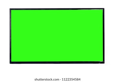 Front View Of Modern High Definition Flat TV LCD Monitor With Blank Green Chromakey Screen, Isolated On Abstract Blurred White Background. Detailed Closeup Studio Shot