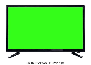 Front View Of Modern High Definition Flat TV LCD Monitor With Blank Green Chromakey Screen, Isolated On Abstract Blurred White Background. Detailed Closeup Studio Shot