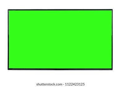 Front View Of Modern High Definition Flat TV LCD Monitor With Blank Green Chromakey Screen, Isolated On Abstract Blurred White Background. Detailed Closeup Studio Shot