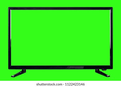 Front View Of Modern High Definition Flat TV LCD Monitor With Blank Green Chromakey Screen, Isolated On Abstract Blurred Chrome Key Background. Detailed Closeup Studio Shot