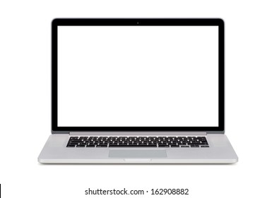 Front view of a modern laptop with a white screen and an English keyboard isolated on white background. High quality.