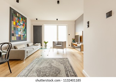 Front View Of A Modern Living Room Interior With A Vintage Rug, Grey Couch And Armchair, Glass Coffee Table, Window And Colorful Graphic