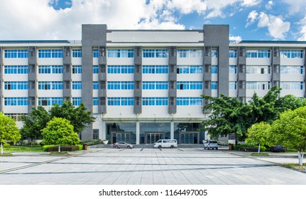 Front View Of The Modern University Building, And The Empty Square And Park In Front Of The Building