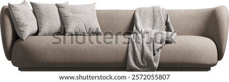 Front view of modern upholstered sofa with blanket and cushions