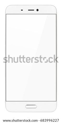 Front view of modern white smartphone with empty screen isolated on white background. Smart phone with clipping path