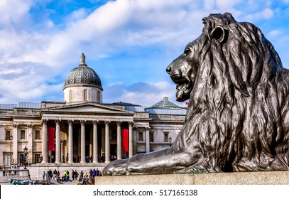 Front View Of National Gallery London With Bronze Lion In The Foreground.