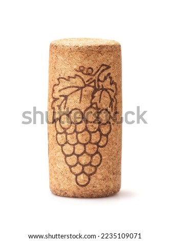  Front view of natural wine cork with grape print isolated on white