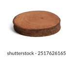 front view of natural wood pedestal from sliced log isolated on white background. Good for placing and showing your product