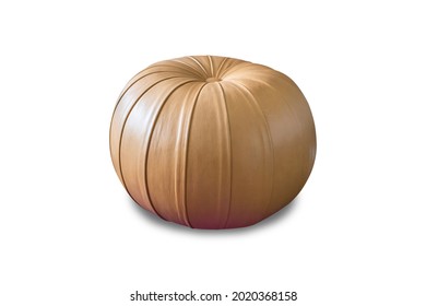 Front View Of New Design Brown Leather Pumpkin Stool Furniture Isolated On White Background For Living Room  With Clipping Path.