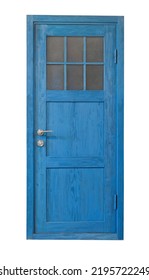 Front view of  old blue wooden door with frosted glass window isolated on white