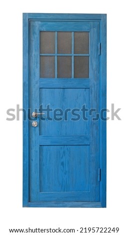 Front view of  old blue wooden door with frosted glass window isolated on white
