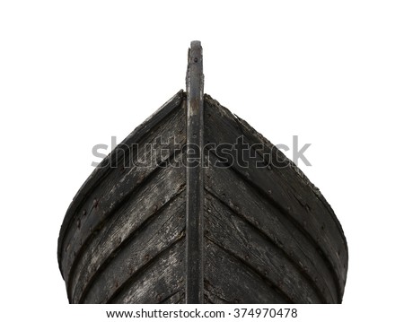 Front view of an old fishing wood boat with rusted nails isolated on white background