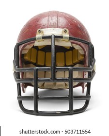 Front View Of Old Football Helmet Isolated On White Background.