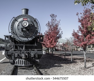 Front view of old locomotive engine with foliage